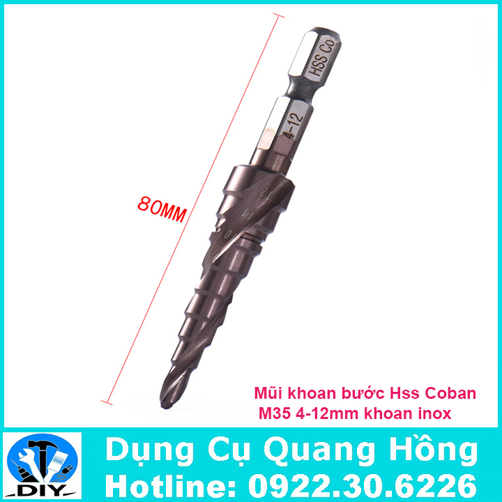 Mũi khoan bước, tháp HSS Coban M35 4-12mm khoan inox, thép, sắt, nhôm