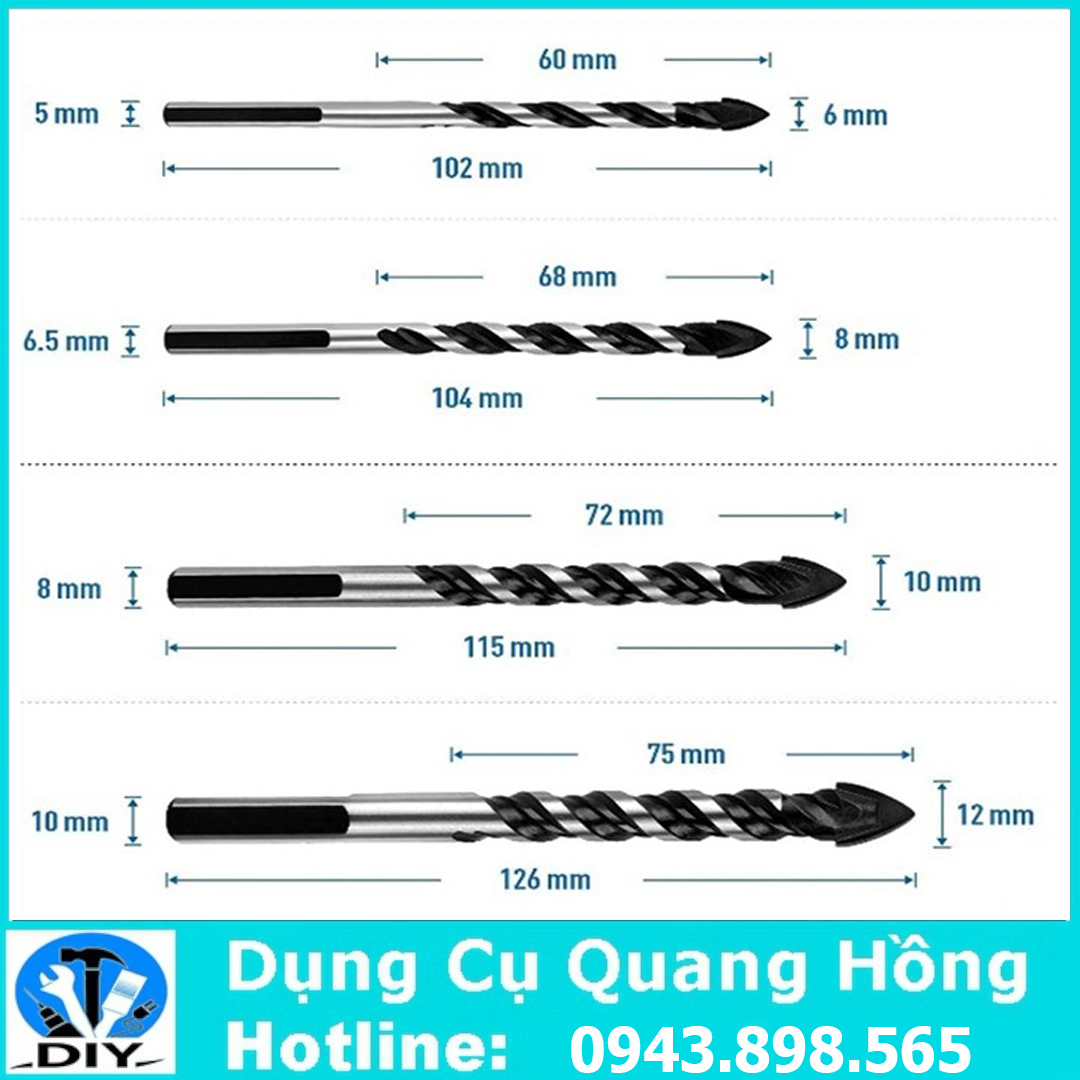 Bộ 4 mũi khoan đa năng 6, 8, 10, 12mm khoan gạch, kính, gốm, sứ,...