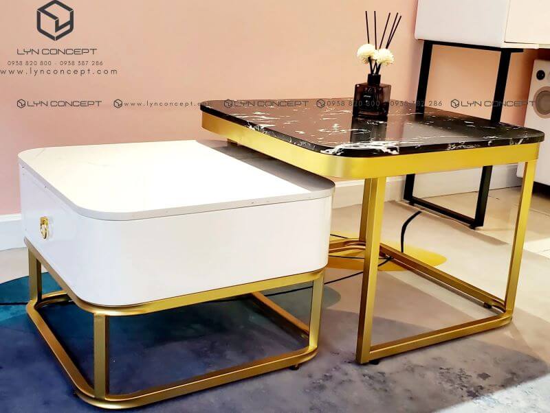 àn Trà Đôi Vuông Có Hộc Kéo Mặt Đá Đen & Trắng Chân Sắt Sơn Vàng - BT312.2