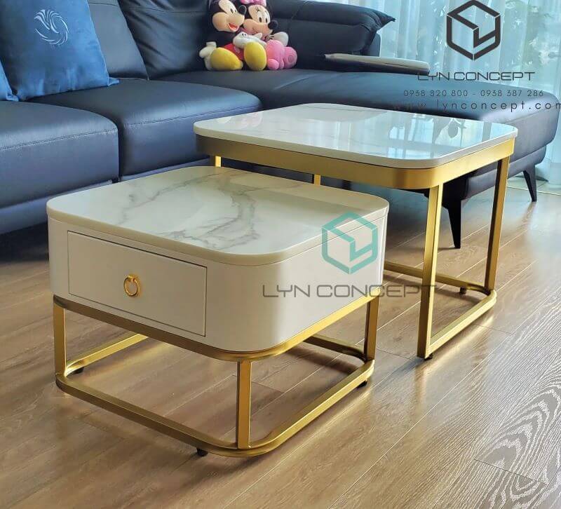 Bàn Trà Đôi Vuông Có Hộc Kéo Mặt Đá Trắng Chân Sắt Sơn Vàng - BT312.1