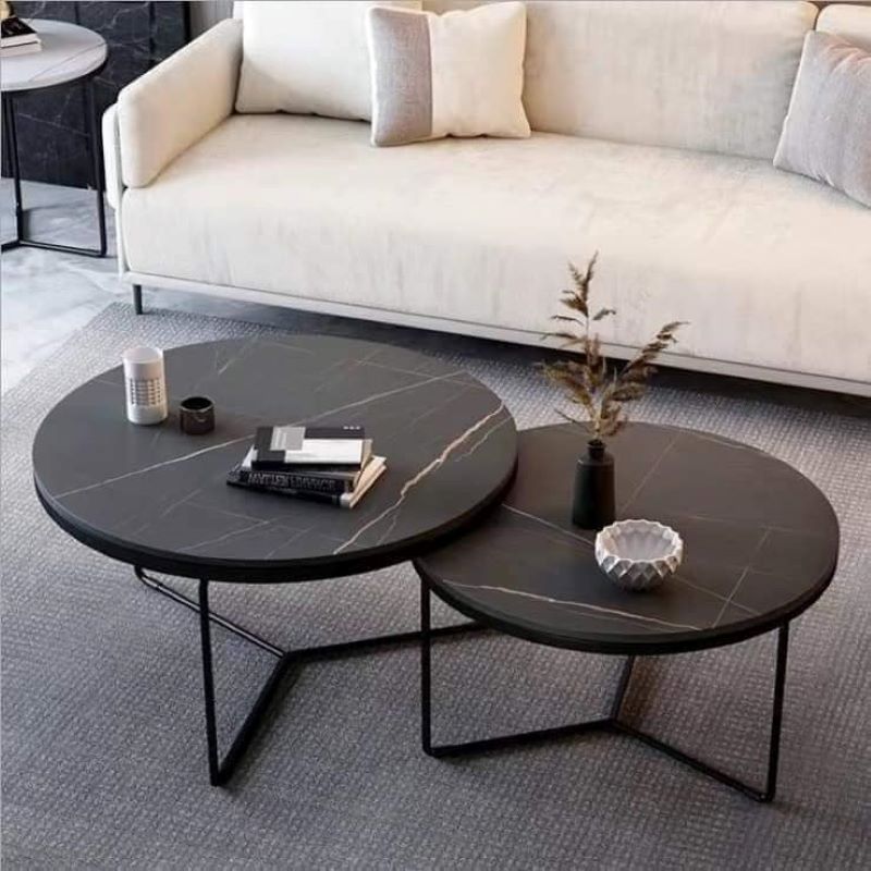 Bàn Trà Đôi Tròn D7050 Mặt Ceramic Đen Chân Y Sắt Đen - BT187.2C