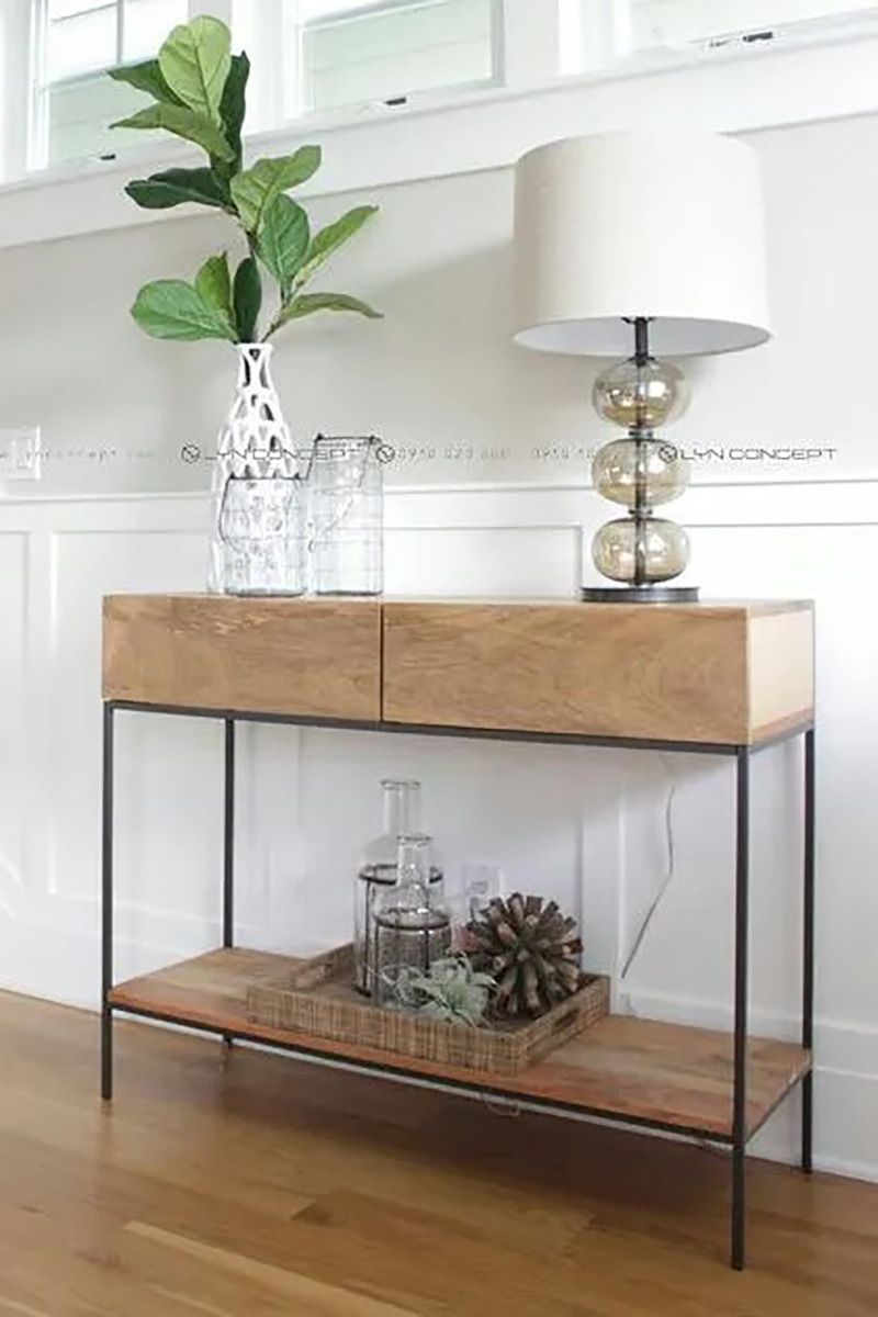 Bàn Console Mặt Bàn Gỗ Chân Sắt Vintage - BTT04