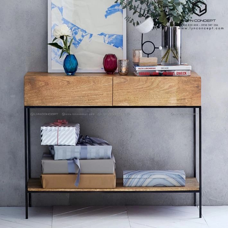 Bàn Console 2 Tầng Mặt Bàn Gỗ Chân Sắt Vintage - BTT04