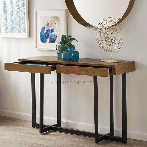 Bàn Console Mặt Bàn Gỗ Chân Sắt Sơn Đen Vintage