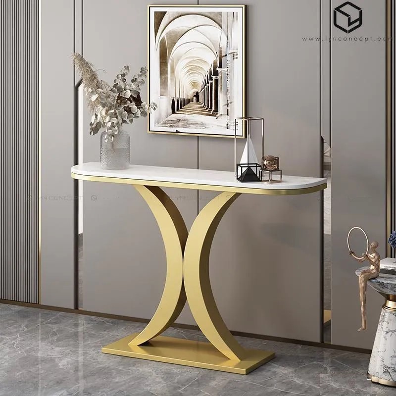 Bàn Console Mặt Đá Trắng Chân Sắt Vàng Kiểu X - BTT115.2
