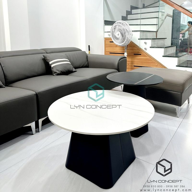Bàn Sofa Tròn Đôi Engfa Mặt Ceramic Đen & Trắng Chân Sắt Sơn Đen - BT323.3