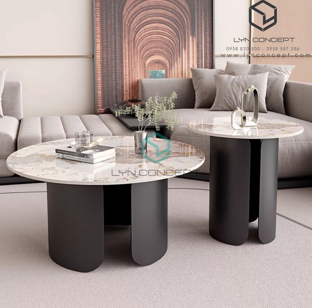 Bàn Sofa Tròn Đôi Nancy - Mặt Ceramic Trắng, Chân Sắt Sơn Đen Sang Trọng