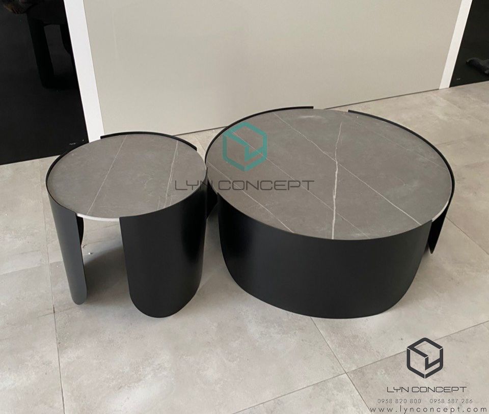 Bàn Sofa Tròn Đôi Sitana Mặt Ceramic Màu Xám Chân Sắt Sơn Đen - BT320.3