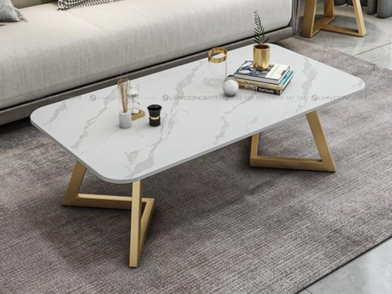 Bàn Trà Chữ Nhật Mặt Đá Trắng Chân Sắt Sơn Vàng - BT306.2