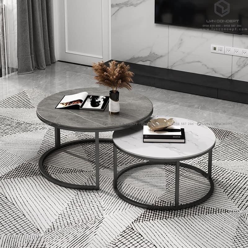 Bàn Trà Đôi Tròn - Mặt Đá Ceramic, Chân Sắt Sơn Đen