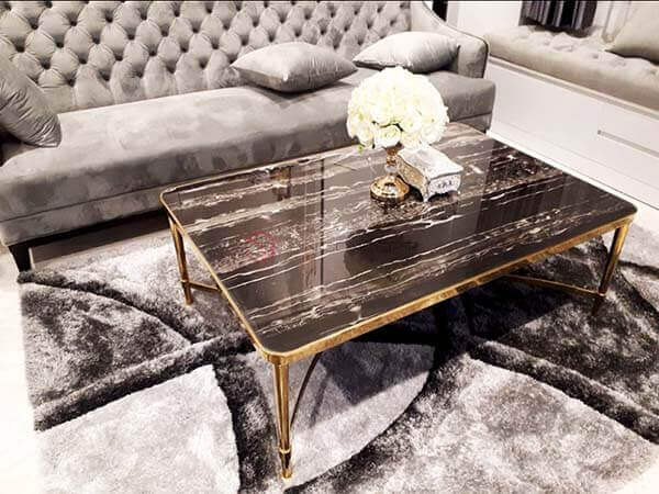 Bàn Trà Sofa Chữ Nhật Mặt Đá Đen Chân Inox Mạ Pvd Vàng Cao Cấp - BT260