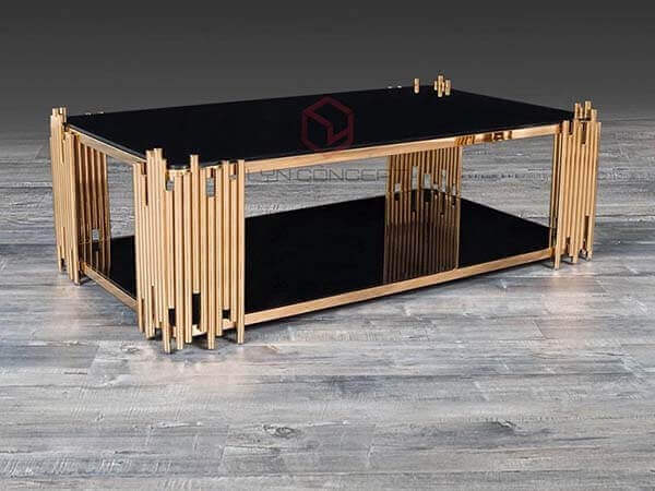 Bàn Trà Sofa Chữ Nhật Mặt Kính Đen Chân Inox Mạ Pvd Màu Vàng Cao Cấp - BT19B