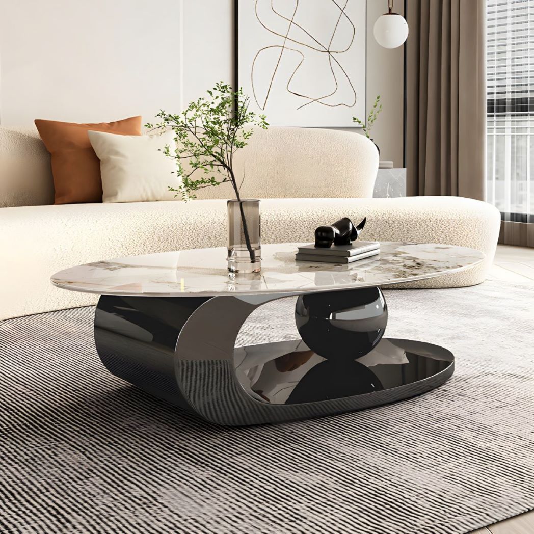 Bàn Trà Sofa Elip Mặt Đá Trắng Chân Inox Mạ Pvd Đen - BT22E2