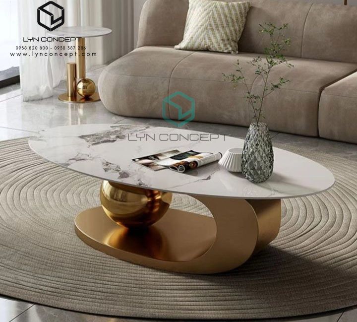 Bàn Trà Sofa Elip Mặt Đá Trắng Chân Inox Mạ Pvd Vàng Cao Cấp - BT22E