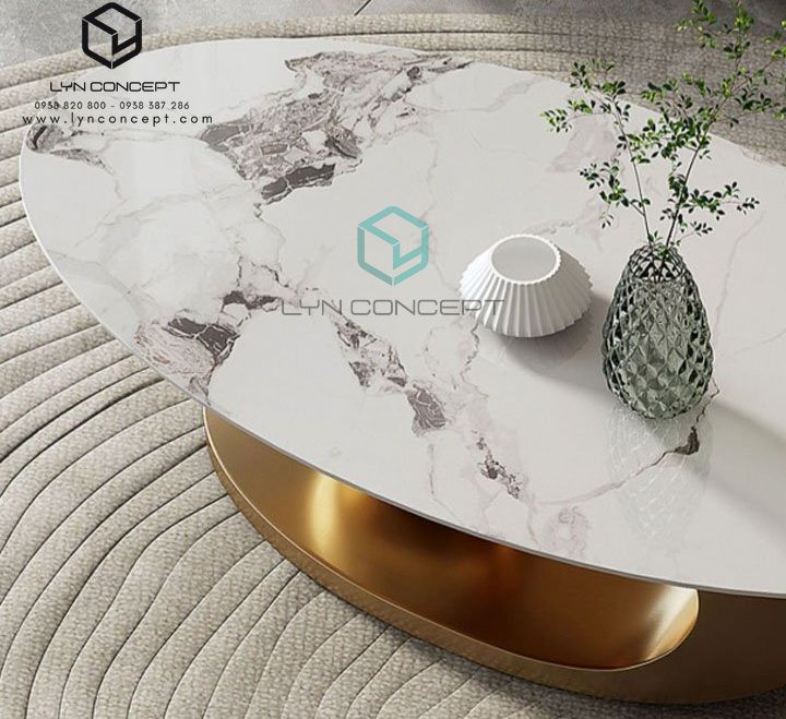 Bàn Trà Sofa Elip Mặt Đá Trắng Chân Inox Mạ Pvd Vàng Cao Cấp - BT22E