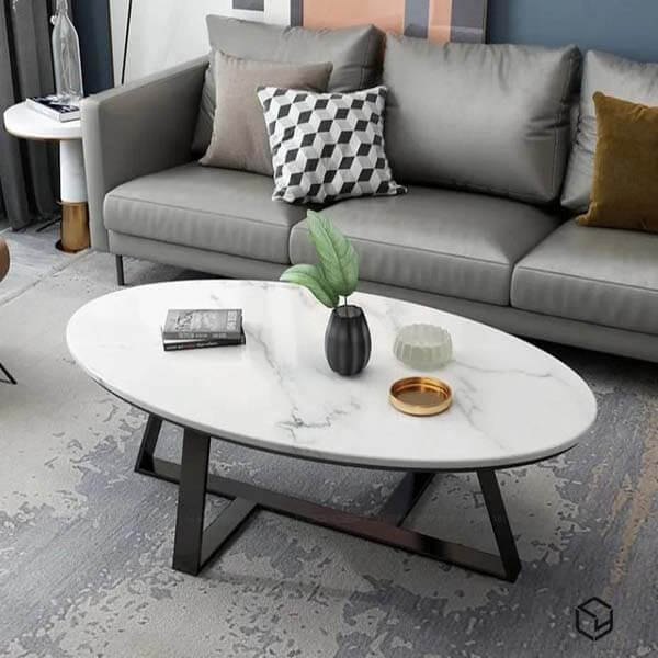. Bàn Sofa Elip Mặt Đá Trắng Chân Sắt Sơn Đen