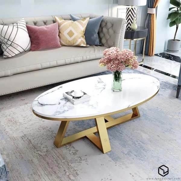 Bàn Sofa Elip Mặt Đá Trắng Chân Sắt Sơn Vàng