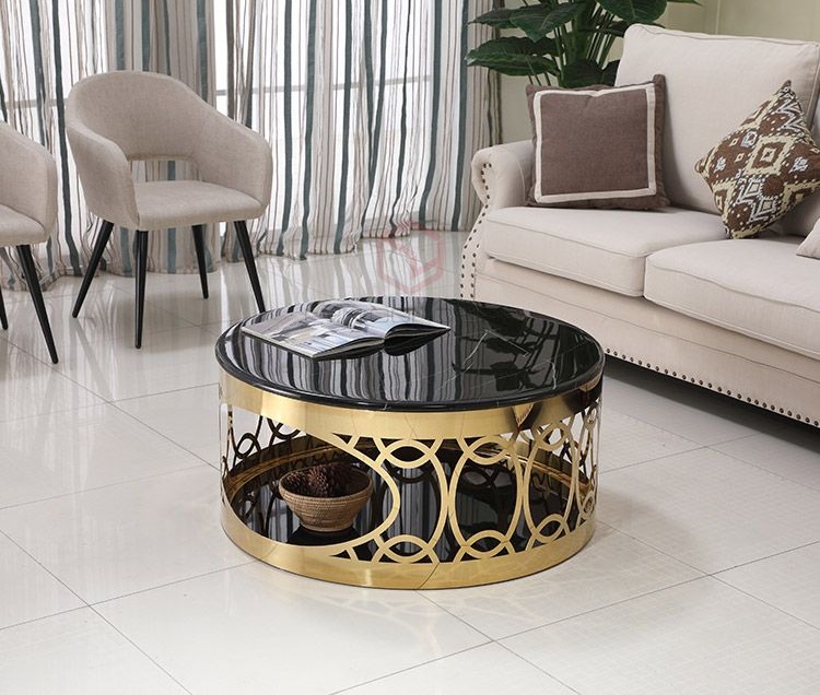 Bàn Trà Sofa Tròn Mặt Đá Đen Chân Inox CNC Mạ Vàng Cao Cấp - BT17A