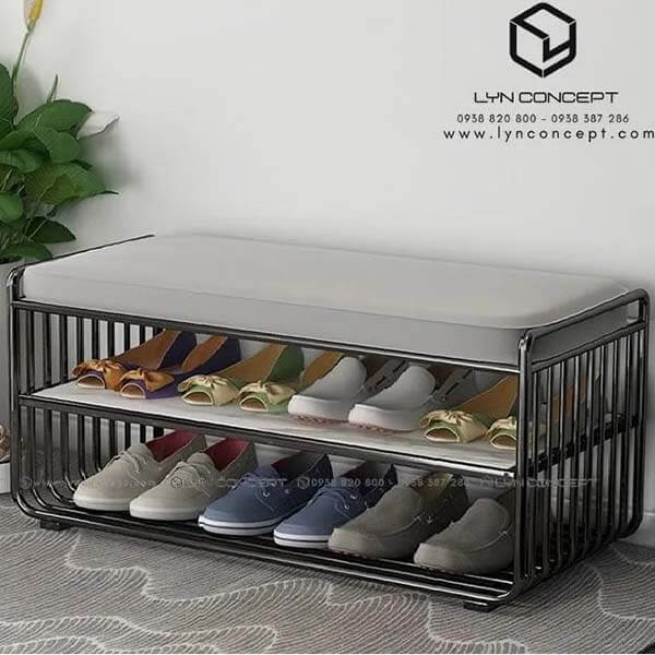 Ghế Ngồi Mang Giày 2 Tầng Màu Xám Chân Sắt Sơn Đen