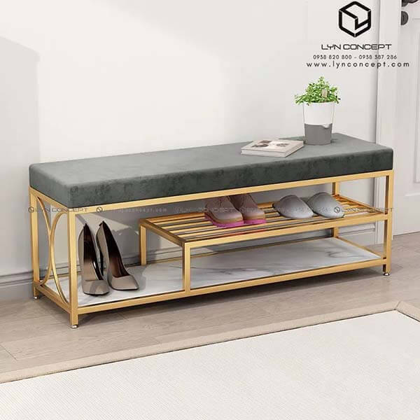 Ghế Ngồi Mang Giày 2 Tầng Màu Xám Chân Sắt Sơn Vàng