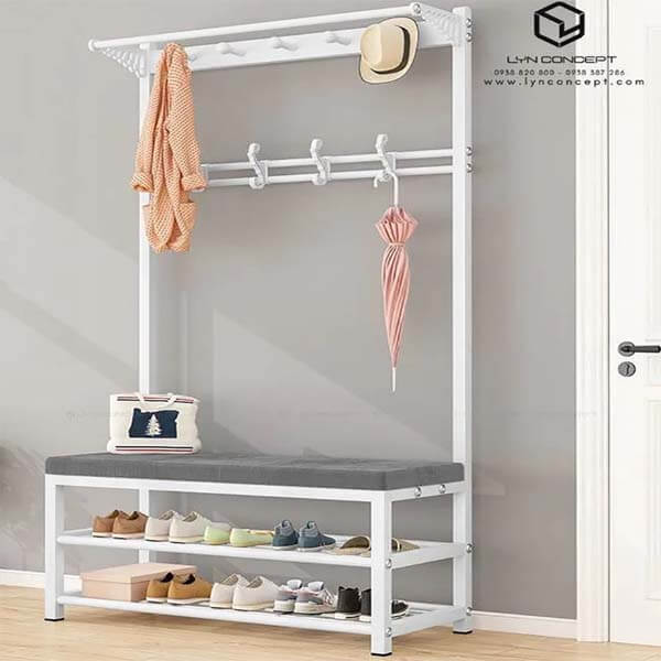 Ghế Ngồi Mang Giày Kèm Thanh Treo Quần Áo Màu Xám Chân Sắt Trắng