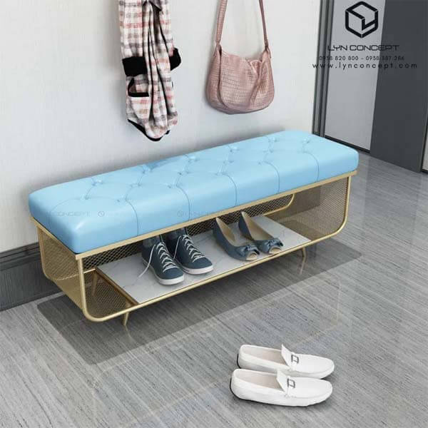 Ghế Ngồi Mang Giày Màu Xanh Chân Sắt Vàng