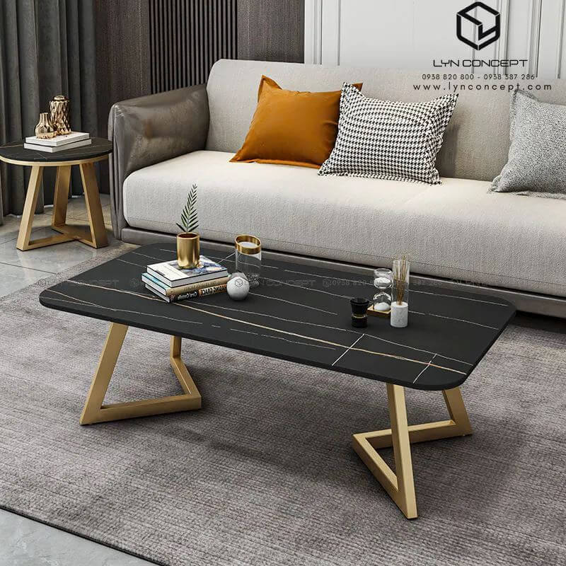 Bàn Trà Chữ Nhật Mặt Ceramic Đen Chân Sắt Sơn Vàng - BT306.3