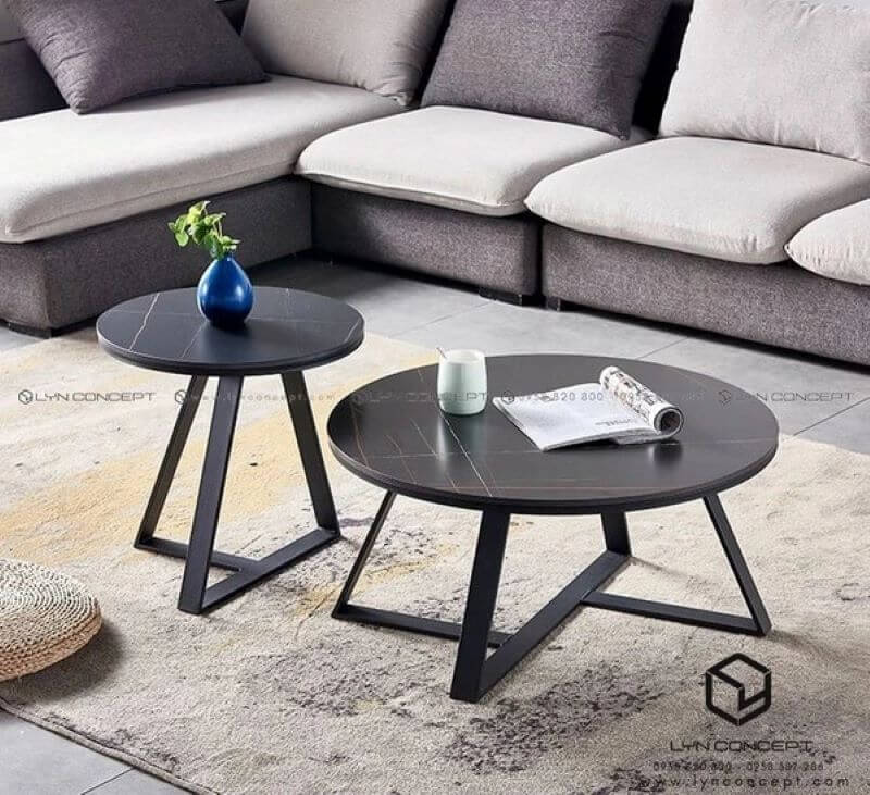 Bàn Trà Đôi Tròn D6045 Kiểu Nhật Mặt Đá Ceramic Đen Chân Sắt Sơn Đen - BT189.8
