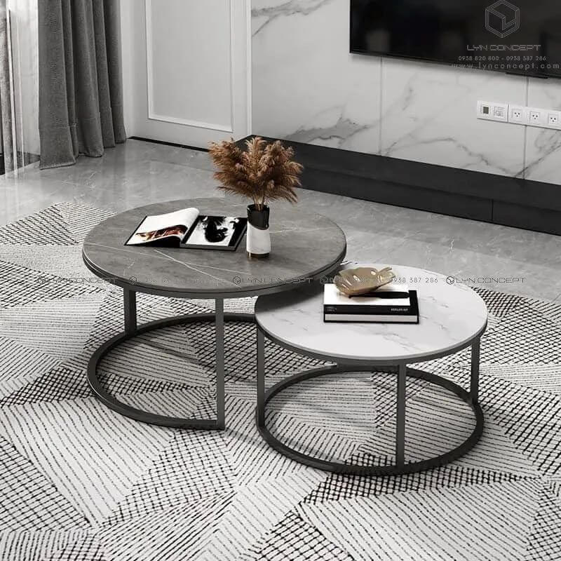 Bàn Trà Đôi Tròn Mặt Đá Ceramic Xám & Trắng Chân Sắt Sơn Đen- BT43.5A 