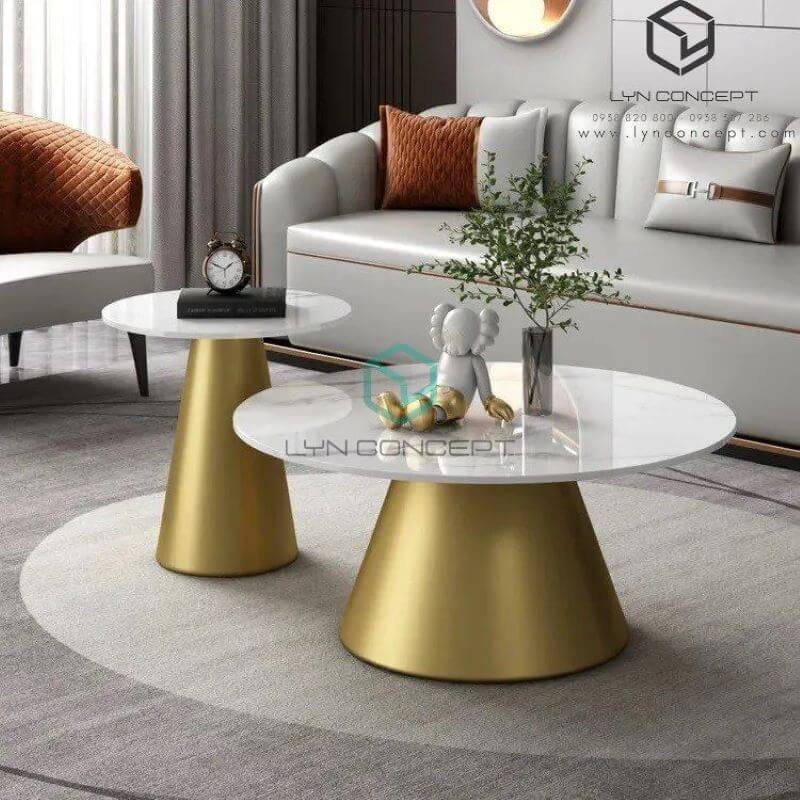 Bàn Sofa Tròn Đôi Hani Mặt Ceramic Trắng Chân Sắt Sơn Vàng - BT324.1