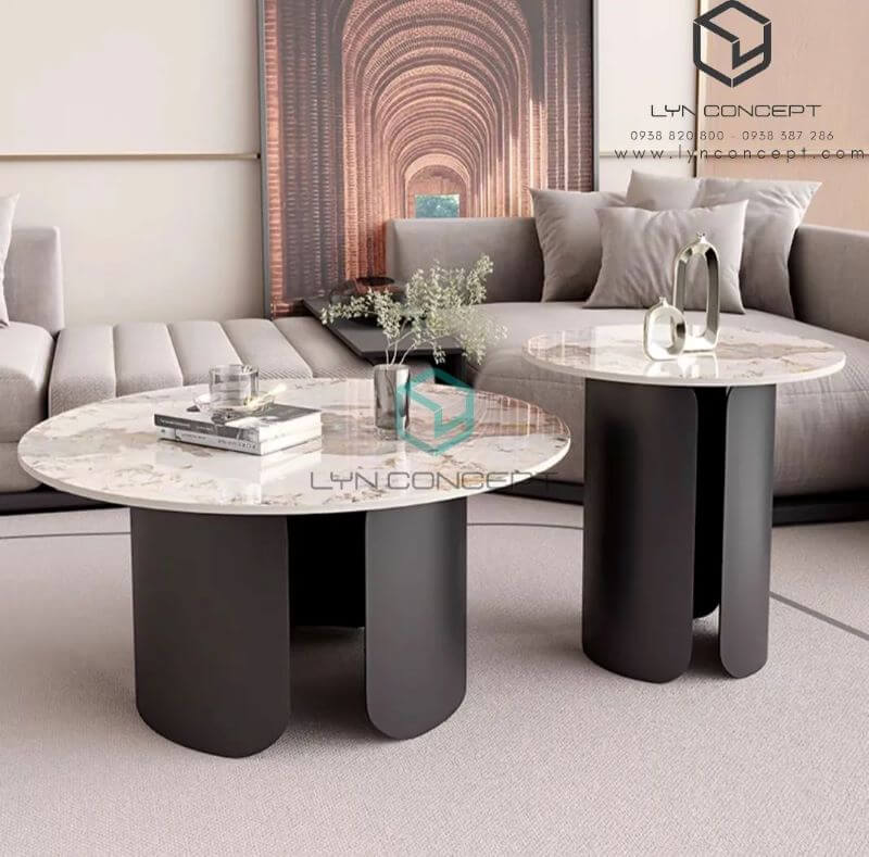 Bàn Sofa Tròn Đôi Nancy Mặt Ceramic Trắng Chân Sắt Sơn Đen - BT322.2