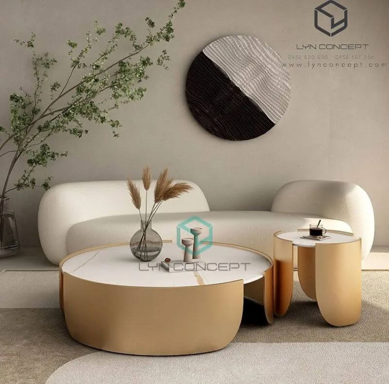 Bàn Sofa Tròn Đôi Sitana Mặt Ceramic Trắng Chân Sắt Sơn Vàng - BT320.1