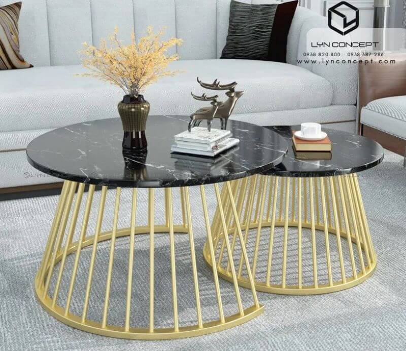 Bàn Trà Đôi Tròn Mặt Đá Đen Chân Sắt Sọc Sơn Vàng - BT310.2