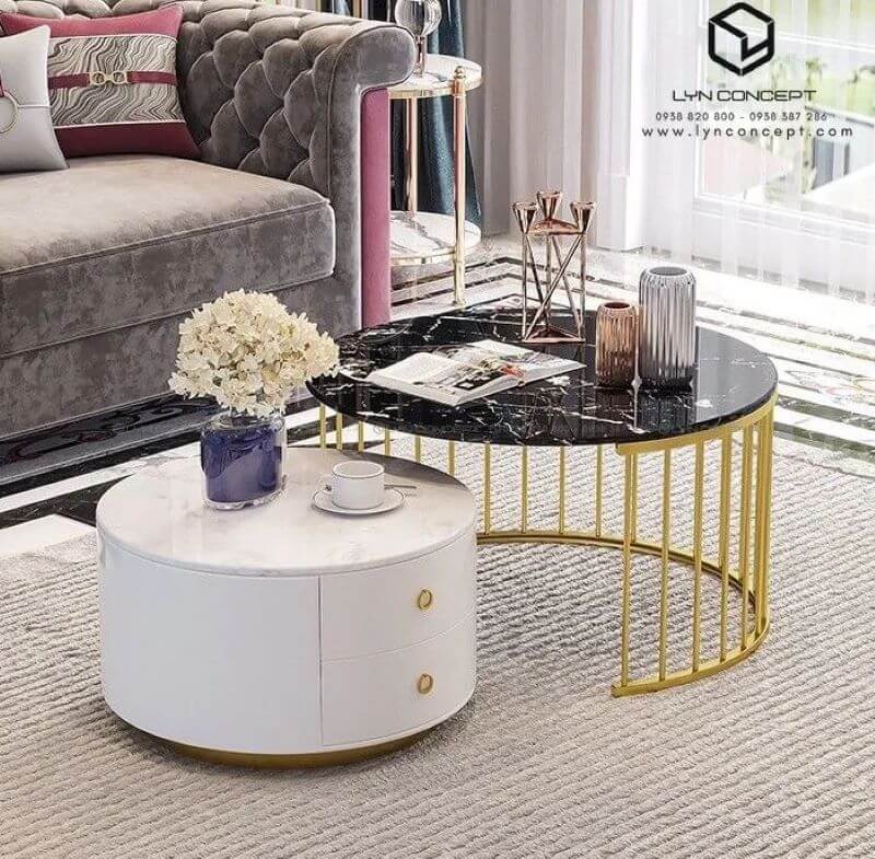 Bàn Trà Đôi Tròn 2 Hộc Kéo Mặt Đá Đen & Trắng Chân Sắt Sơn Vàng - BT311