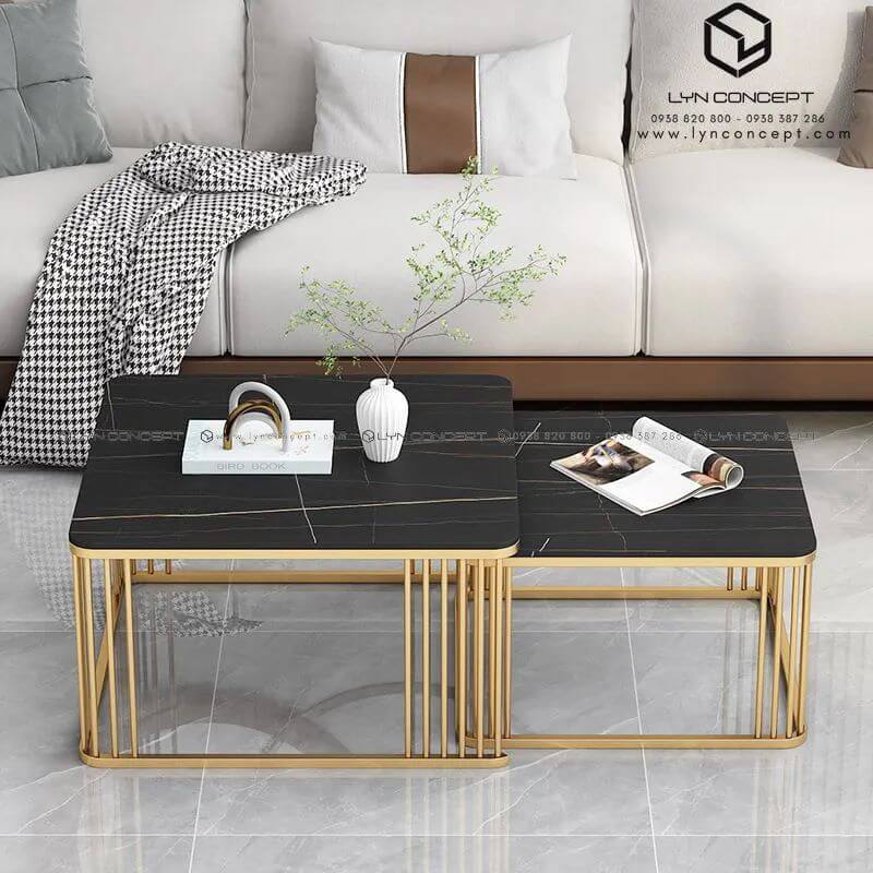 Bàn Trà Đôi Vuông Mặt Ceramic Đen Chân Sắt Sơn Vàng - BT210A.4