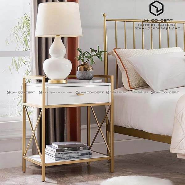 Tab Đầu Giường 1 Hộc Kéo Màu Trắng Chân Sắt Sơn Vàng - TĐG34