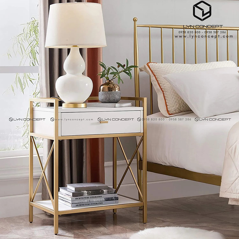 Tab Đầu Giường 1 Hộc Kéo Màu Trắng Chân Sắt Sơn Vàng - TĐG34