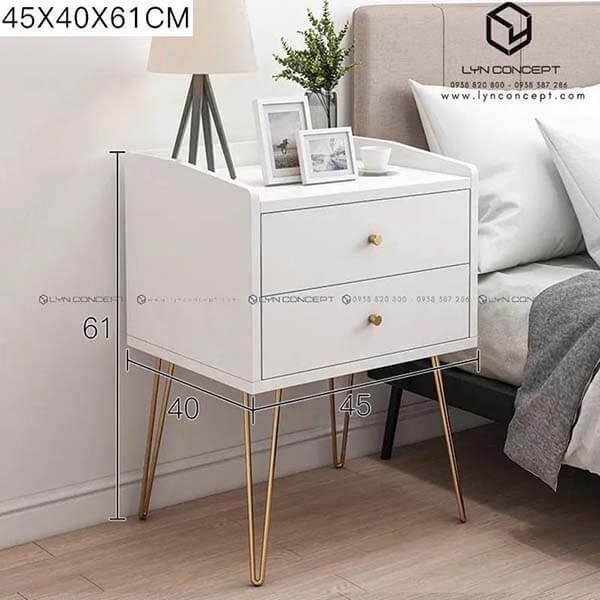Tab Đầu Giường 2 Hộc Kéo Màu Trắng Chân Sắt Sơn Vàng - TĐG45.1