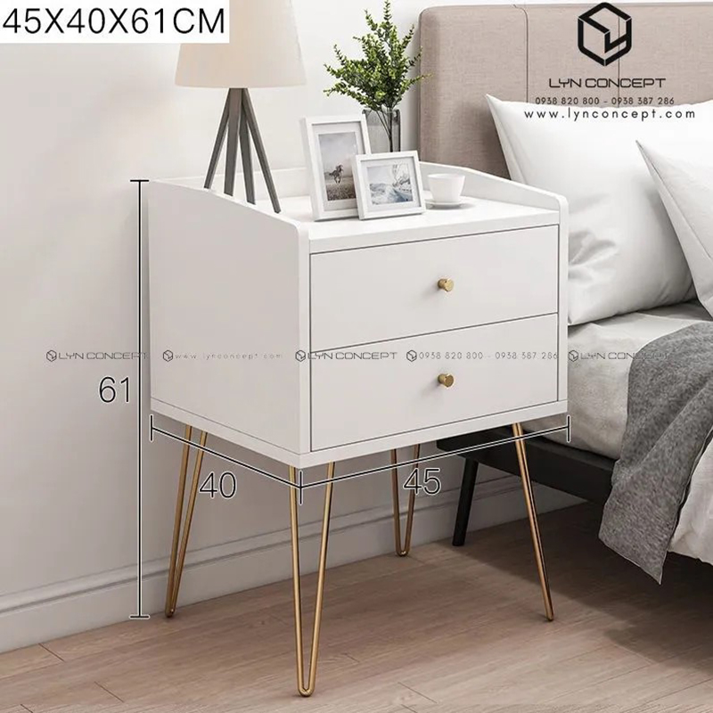 Tab Đầu Giường 2 Hộc Kéo Màu Trắng Chân Sắt Sơn Vàng - TĐG45.1