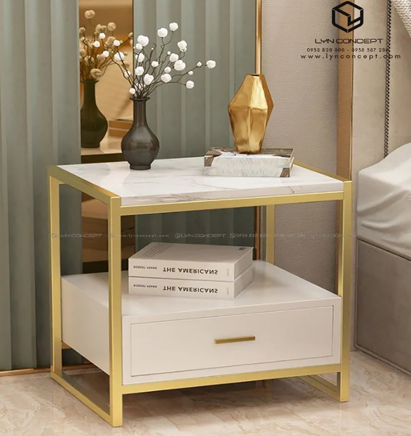 Tab Đầu Giường Có Hộc Kéo Màu Trắng Chân Sắt Sơn Vàng - TĐG28.2