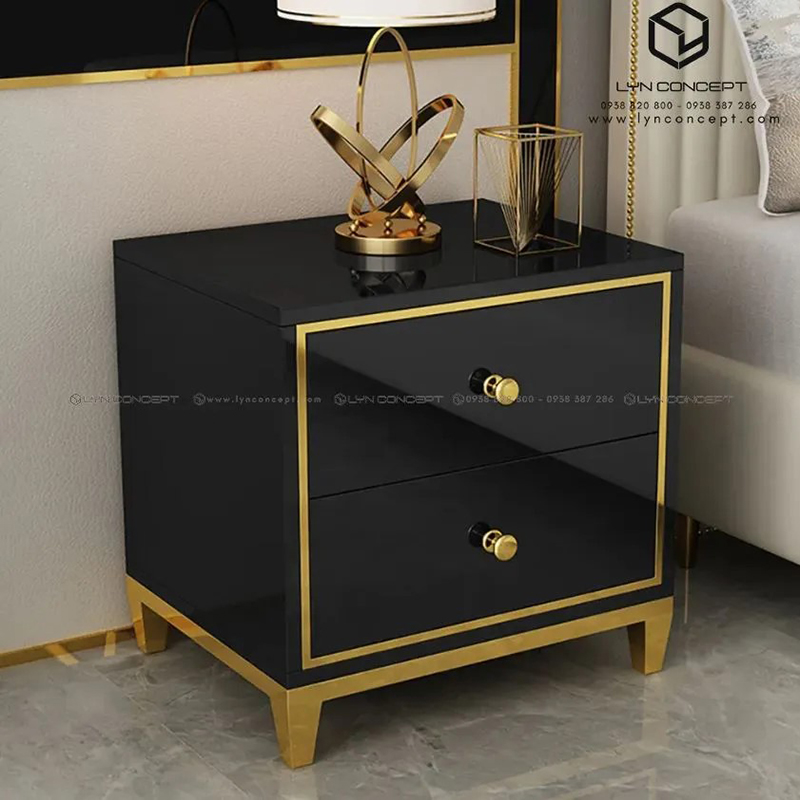 Tab Đầu Giường Gỗ Màu Đen Chân Sắt Sơn Vàng - TĐG27.3
