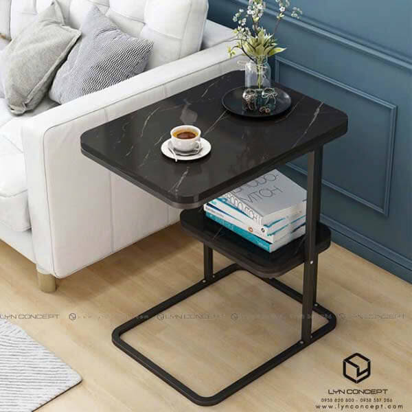 Bàn Góc Sofa 2 Tầng Mặt Đá Đen Chân Sắt Sơn Đen - BT45.6