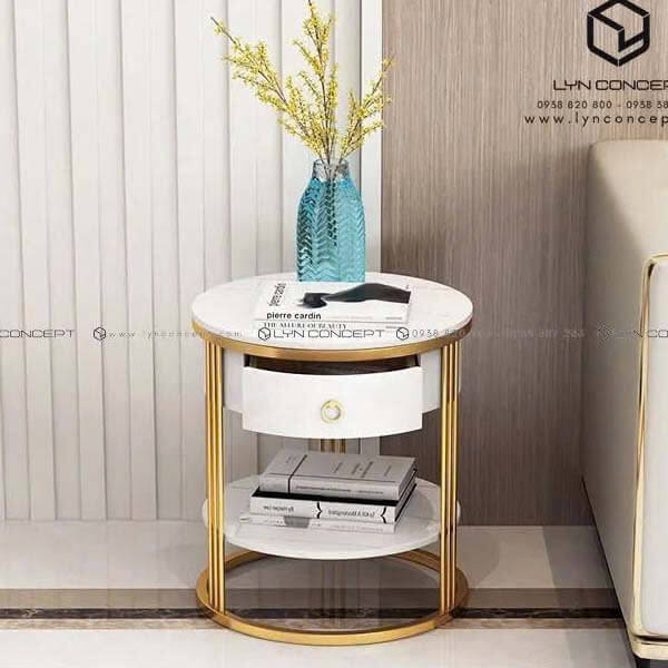 Bàn Góc Sofa Tròn Mặt Đá Trắng Chân Inox Mạ Vàng Cao Cấp - BT04