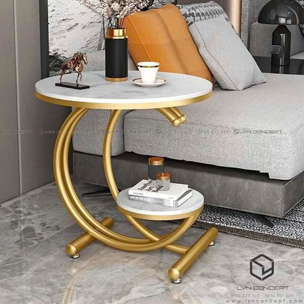 Bàn Góc Sofa Tròn 2 Tầng Mặt Đá Trắng Chân Sắt Sơn Vàng - BT196.6