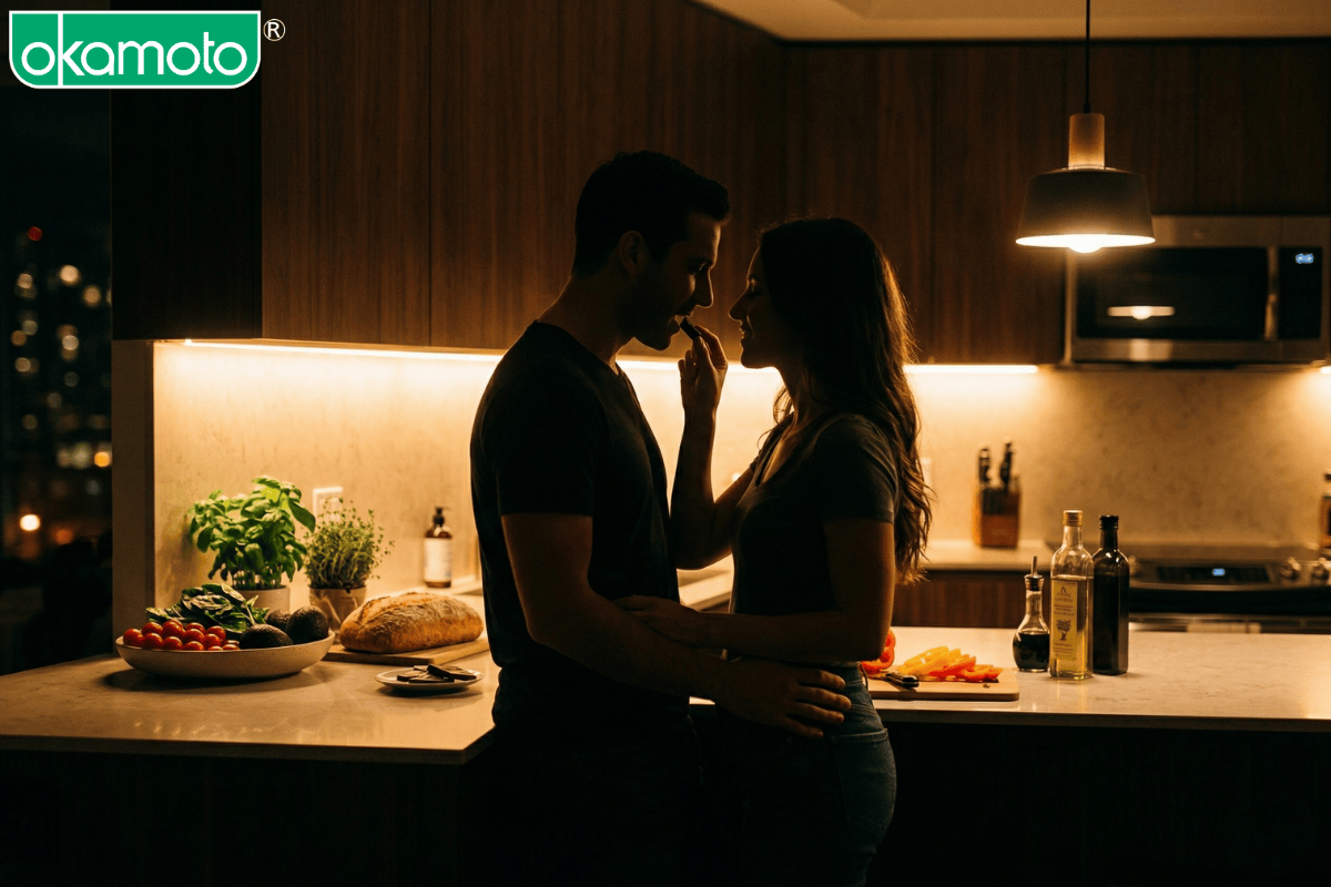 Cặp đôi chuẩn bị bữa tối lãng mạn giúp tăng cường sinh lực.