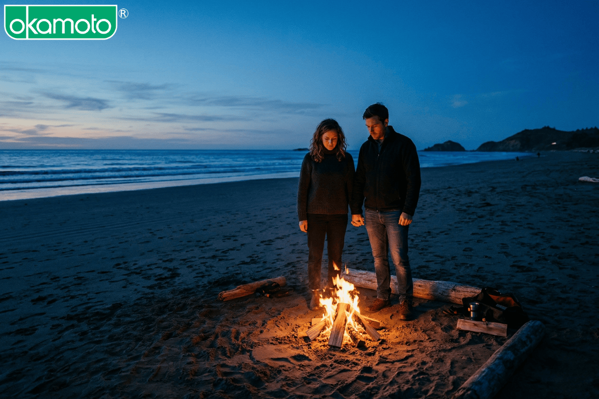 Cặp đôi nhóm lửa trên biển tượng trưng cho việc giữ lửa tình yêu lâu dài.