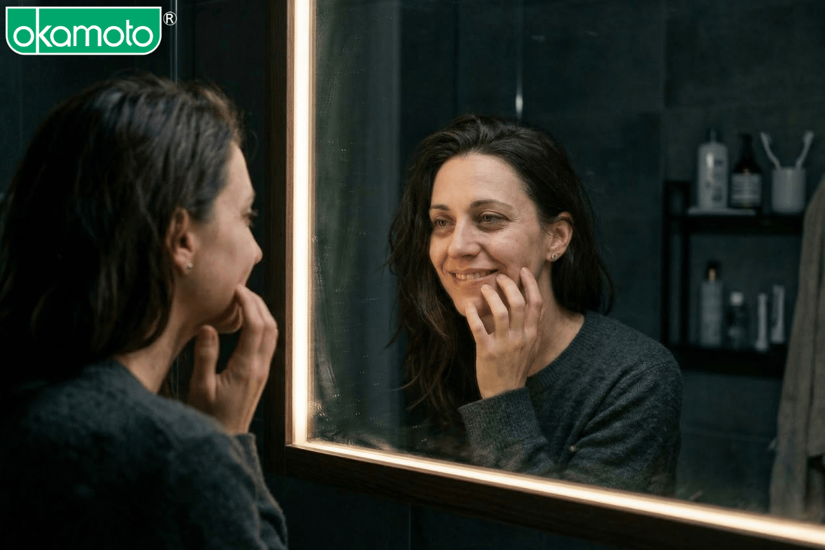 Người phụ nữ mệt mỏi nhìn vào gương, phản ánh tâm lý mâu thuẫn khi tạo ra cực khoái giả.