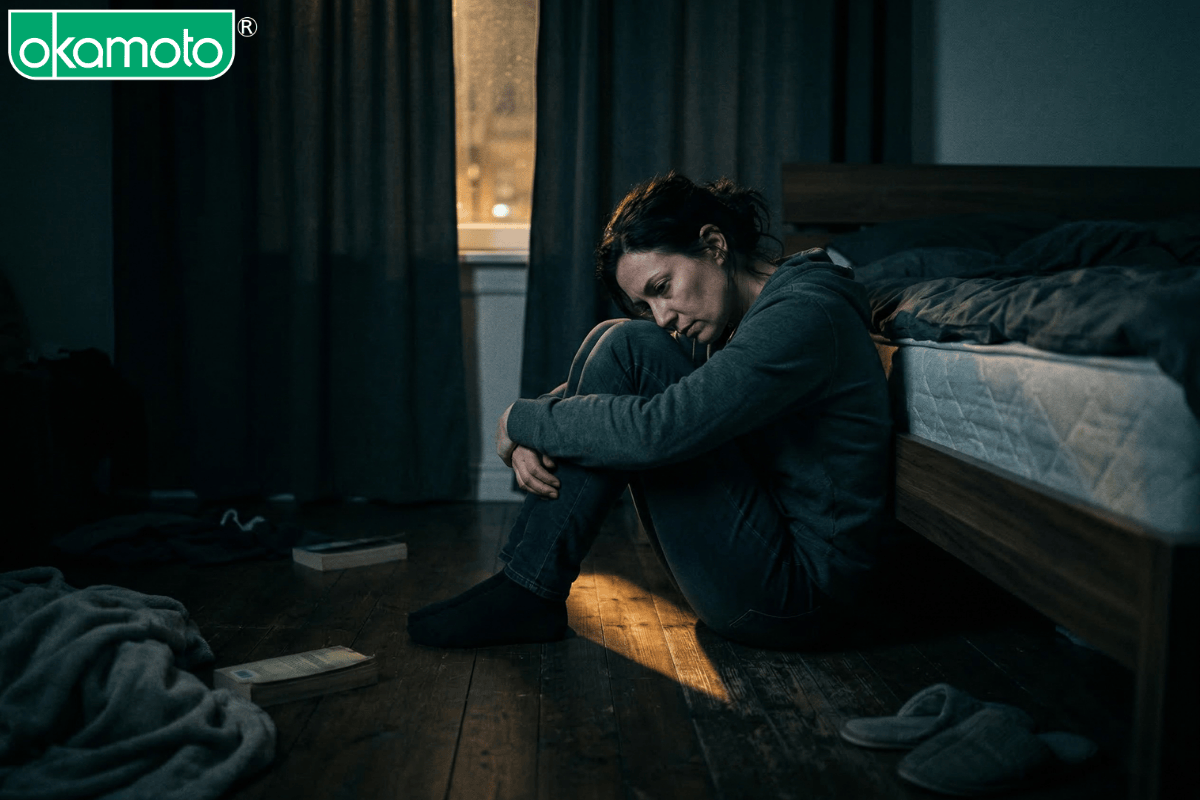 Người phụ nữ ngồi gục đầu mệt mỏi bên mép giường vì áp lực phải diễn kịch chốn phòng the.