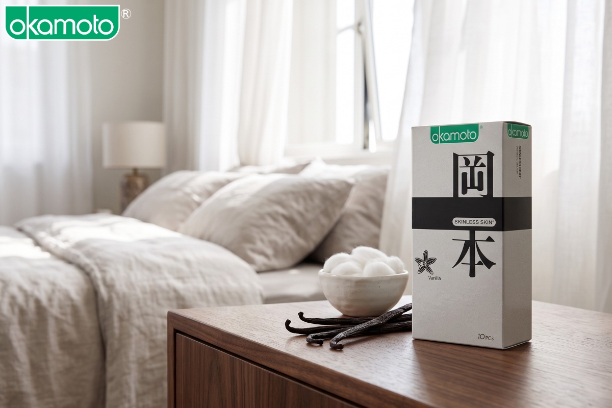 Bao cao su hương vani Nhật Bản Okamoto Skinless Skin Vanilla mỏng nhẹ tự nhiên. 