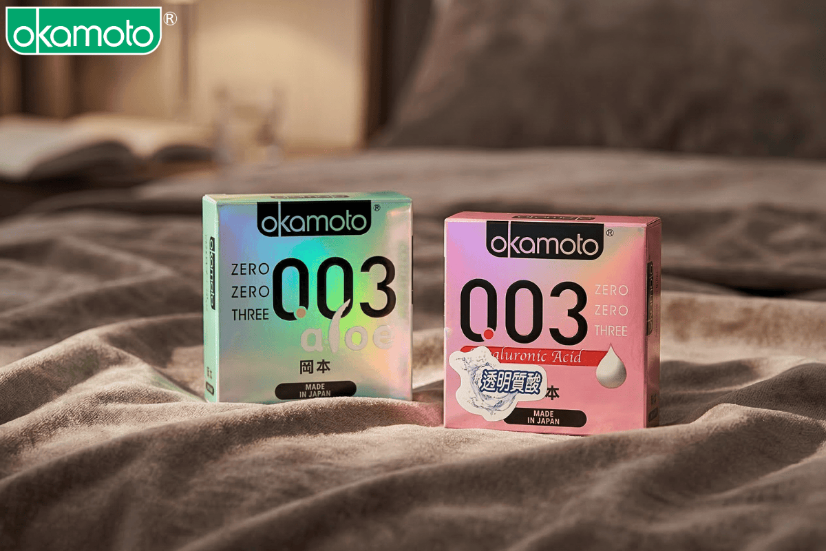 bao cao su okamoto 0.03 aloe và okamoto 0.03 hyaluronic acid hỗ trợ trải nghiệm tình dục thoải mái